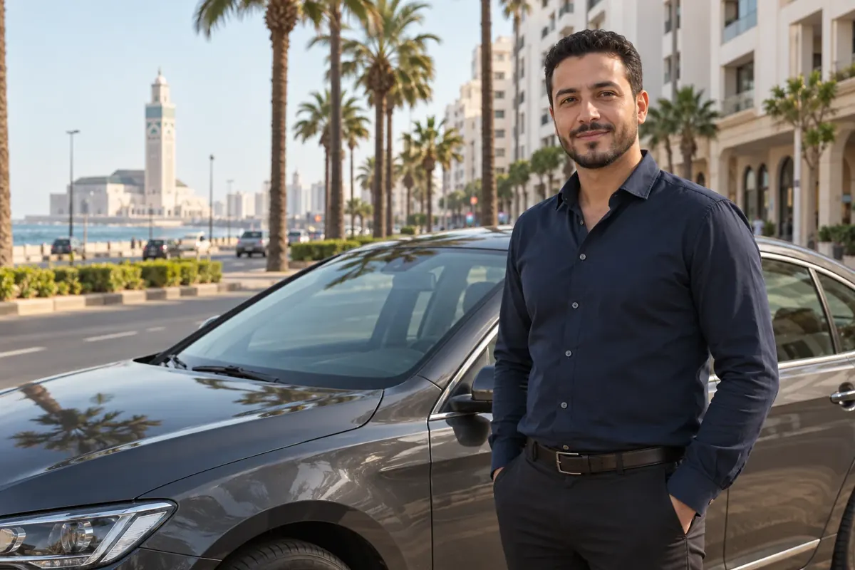 Illustrative scene of a driver beside a car in Casablanca