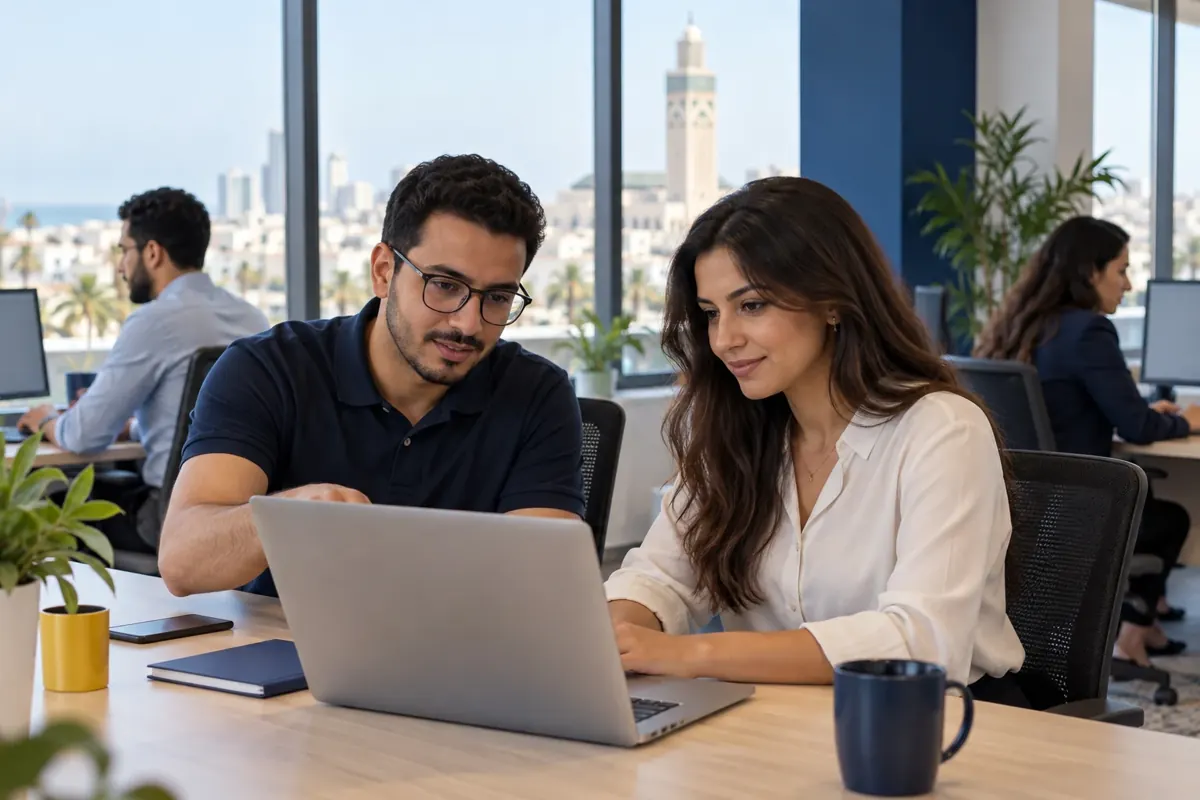 Illustrative scene of a Moroccan support team collaborating in an office